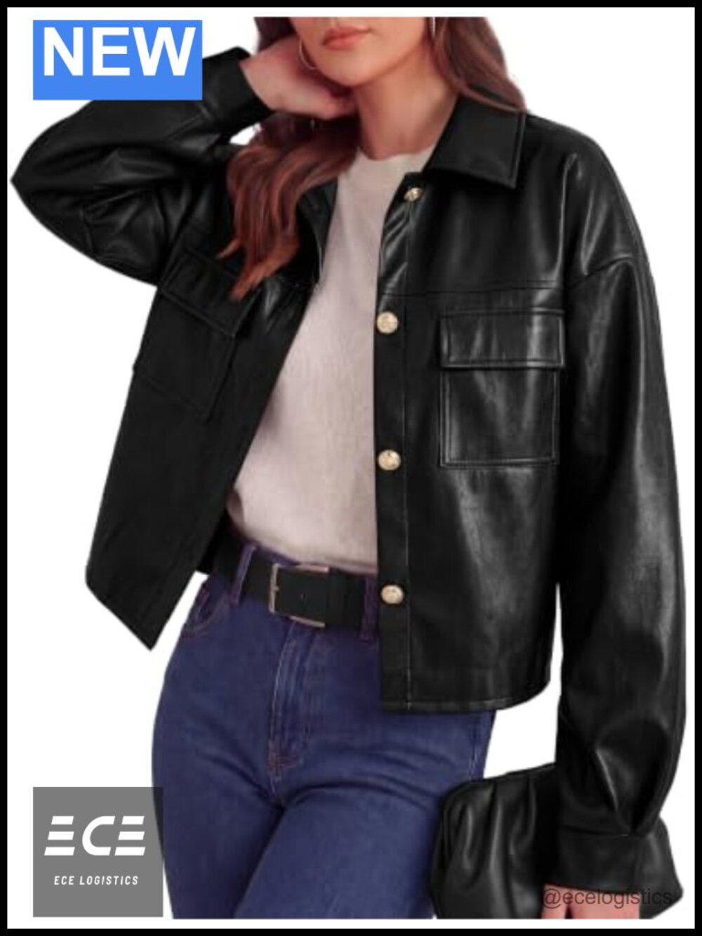 Faux Leather Jacket Button Down Bomber Shacket Women's Casual